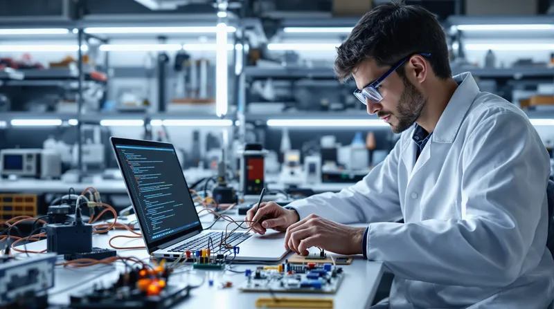 Ingeniero integrando hardware y software en un laboratorio con dispositivos electrónicos