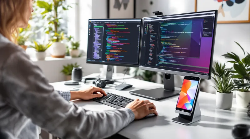 Desarrollador trabajando en una aplicación móvil en un smartphone y una computadora