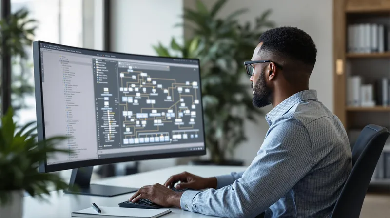 Ingeniero diseñando una topología de red en una computadora con diagramas de red