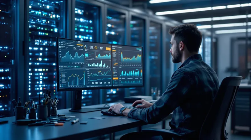 Ingeniero ajustando configuraciones en un servidor y monitoreando métricas de rendimiento