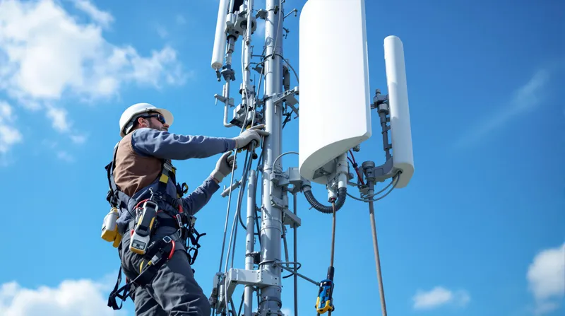 Técnico instalando una antena para un enlace inalámbrico en una torre de telecomunicaciones